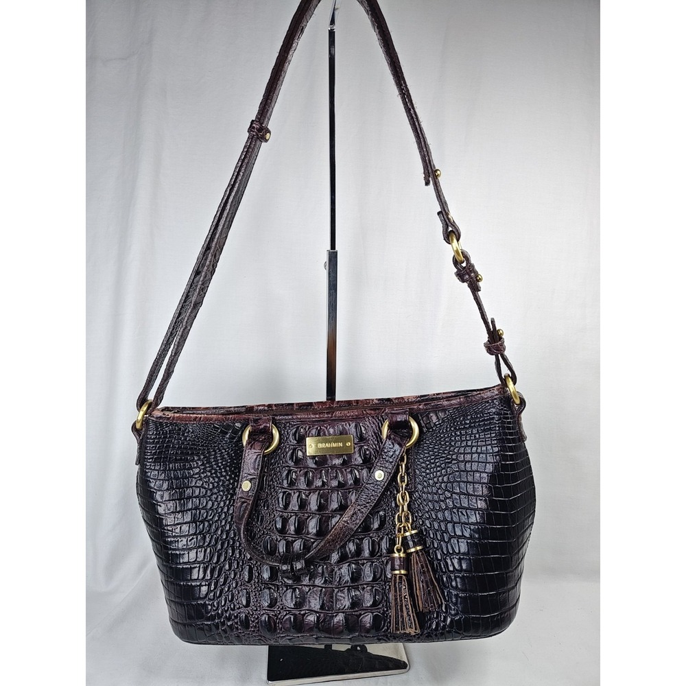 Brahmin Melbourne Crocodile Embossed Leather Satchel Shoulder Bag‎ Brown Tassel